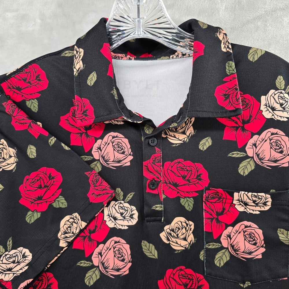 BYLT Premium Basics Polo Shirt Mens medium Black Red Rose Floral Performance